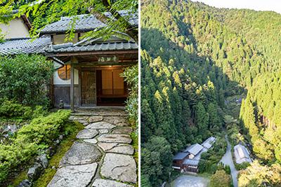 左：京都・花脊の里で120年あまりの歴史を刻む『美山荘』。　右：山里にひっそりと佇む料理旅館は、土地の恵みを使った「摘草料理」で人々をもてなす。