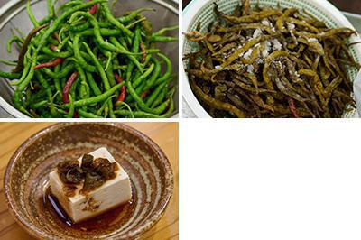 上段左／赤く熟した日光唐辛子は、辛味が増す<br />
上段右／塩漬けした状態の日光唐辛子<br />
下段左／炊き立てのご飯はもちろん、冷ややっこなど色々な料理に合う